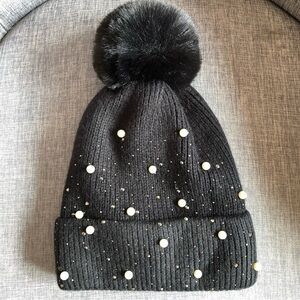 Black knit pearl embellished Pom Pom fur lined beanie hat